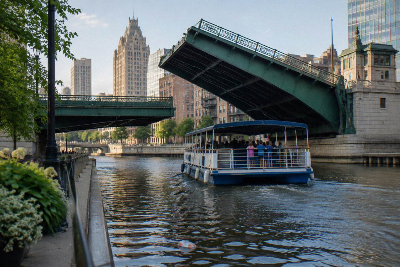 A calm stretch of the Milwaukee River with downtown buildings and a boat passing under a bridge