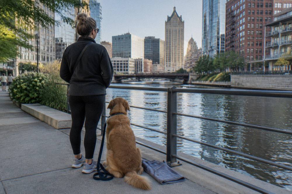 A leashed dog sitting beside its owner at a rail overlooking the Milwaukee River and downtown buildings