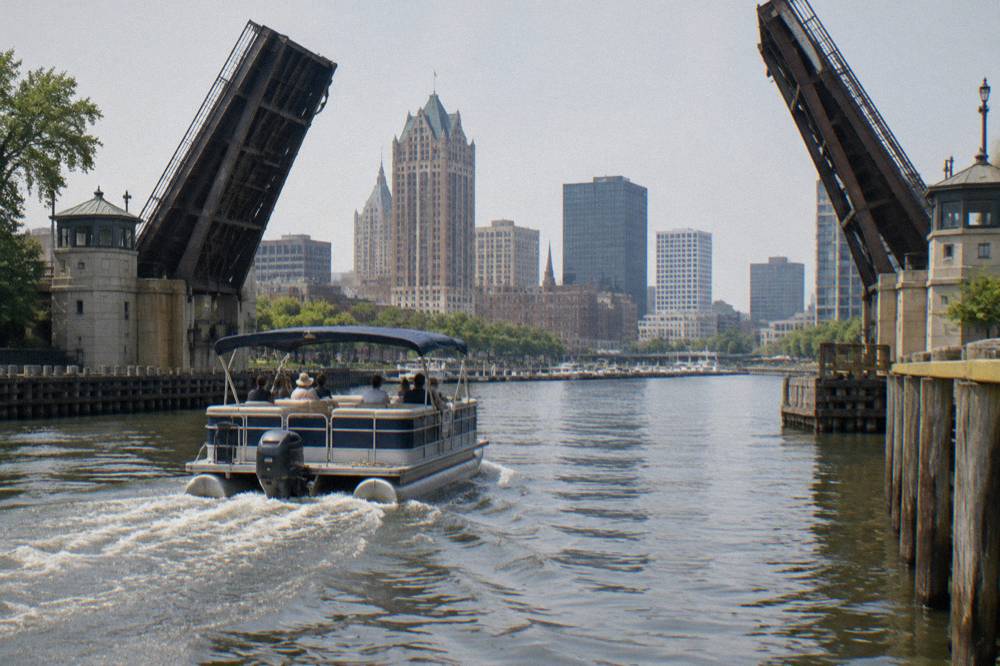 A pontoon-style tour boat passing under a downtown Milwaukee bascule bridge on the river