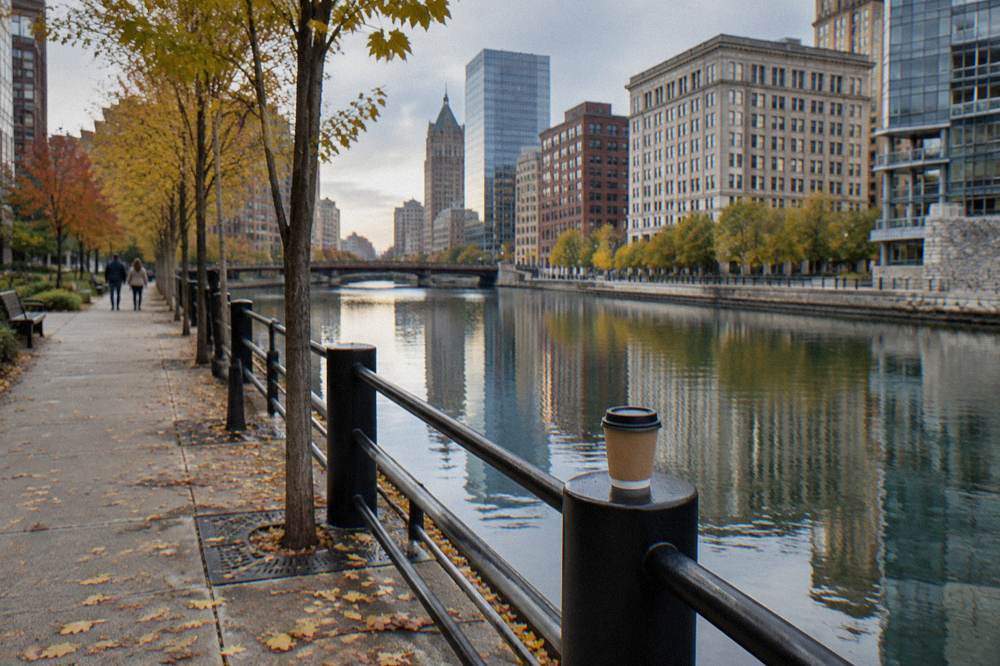 The Milwaukee Riverwalk path along the river with benches, trees and downtown buildings reflected in the water