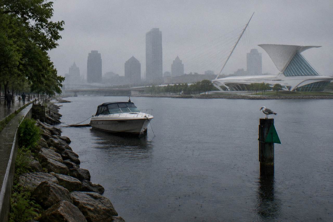 Rainy downtown Milwaukee skyline seen across the Milwaukee River on a gray day