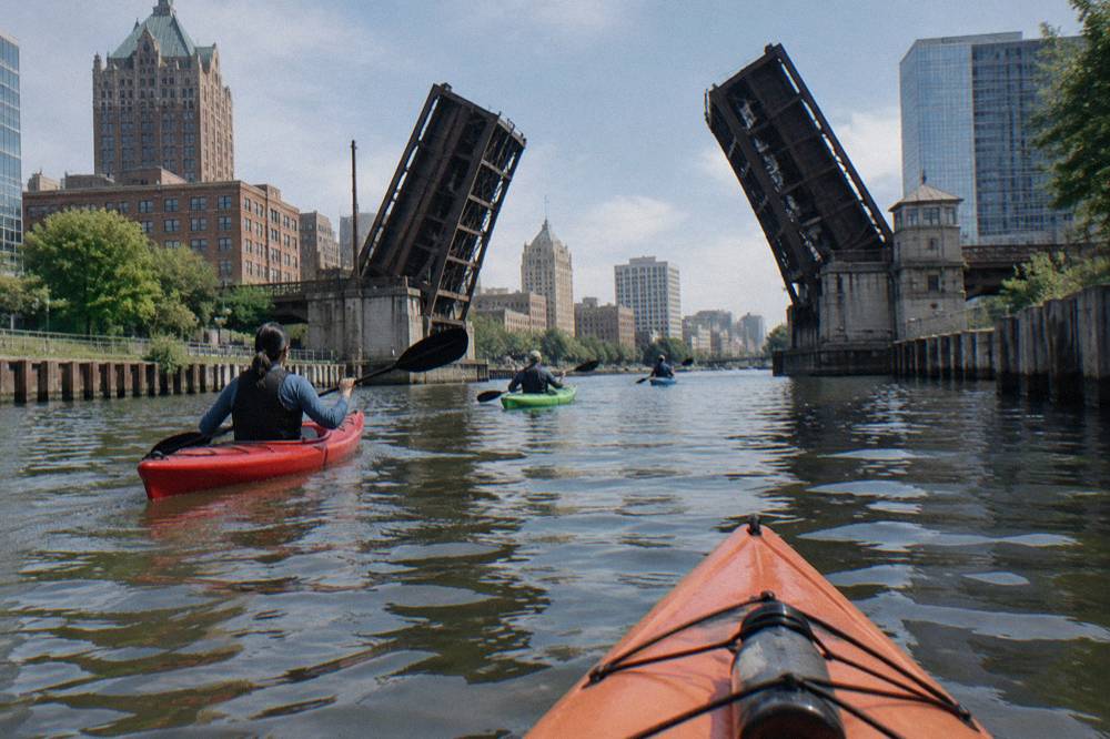 Kayakers paddling beneath a bascule bridge on the Milwaukee River downtown