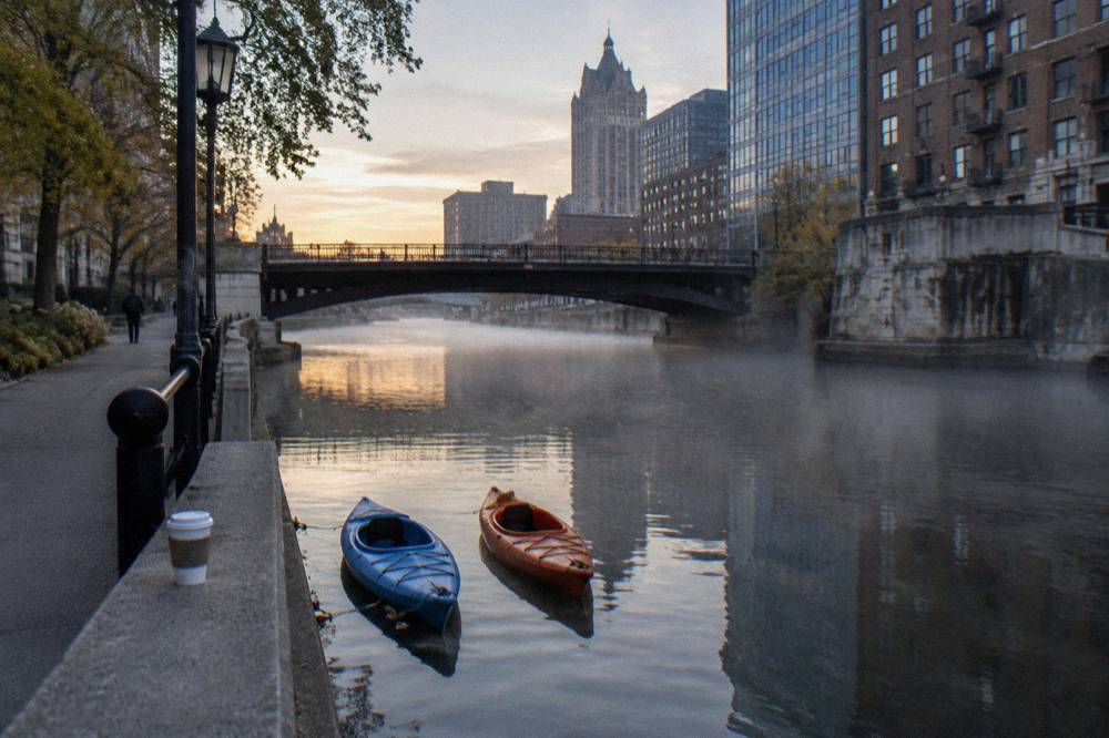 Kayaks resting on a calm downtown river channel between bridge abutments