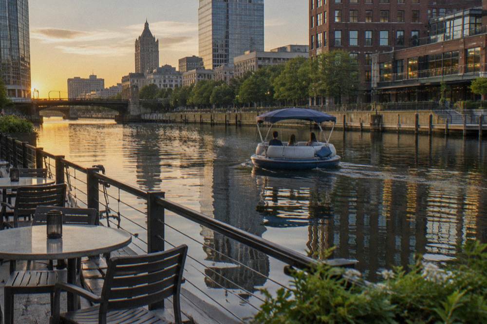 Electric donut boat moving slowly past Riverwalk tables on still evening water