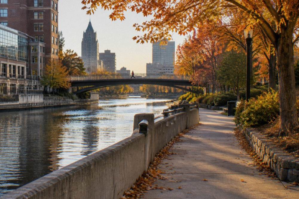 A quiet section of the Milwaukee Riverwalk in late afternoon light with fall colors along the bank