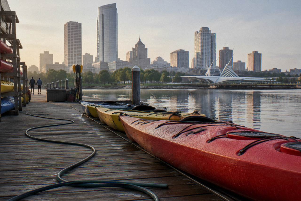 Docked kayaks along the Milwaukee River on a calm summer morning with the downtown skyline behind them