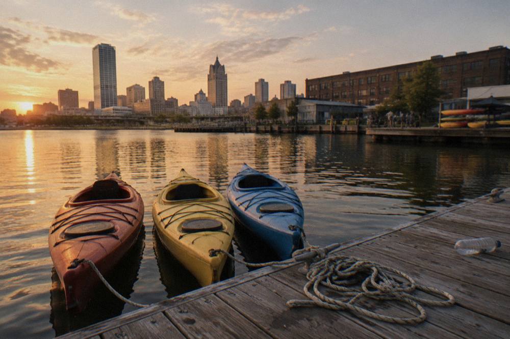 Kayaks tied at a dock on the Milwaukee River with downtown buildings behind them