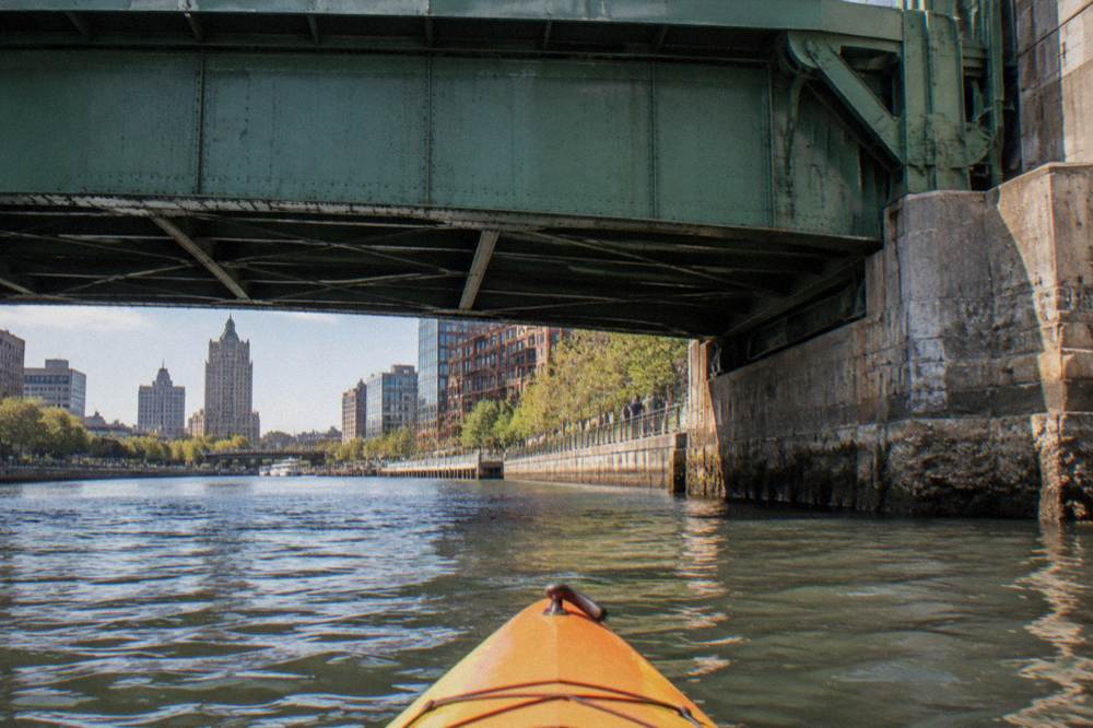 A bascule drawbridge over the Milwaukee River seen from the water