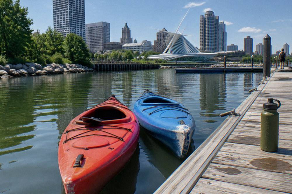 Two kayaks pulled up to a wooden dock on a calm city river
