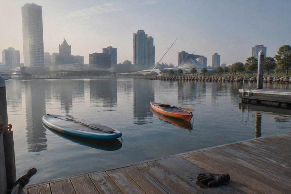 A paddleboard and kayak on calm harbor water near a Milwaukee lakefront dock