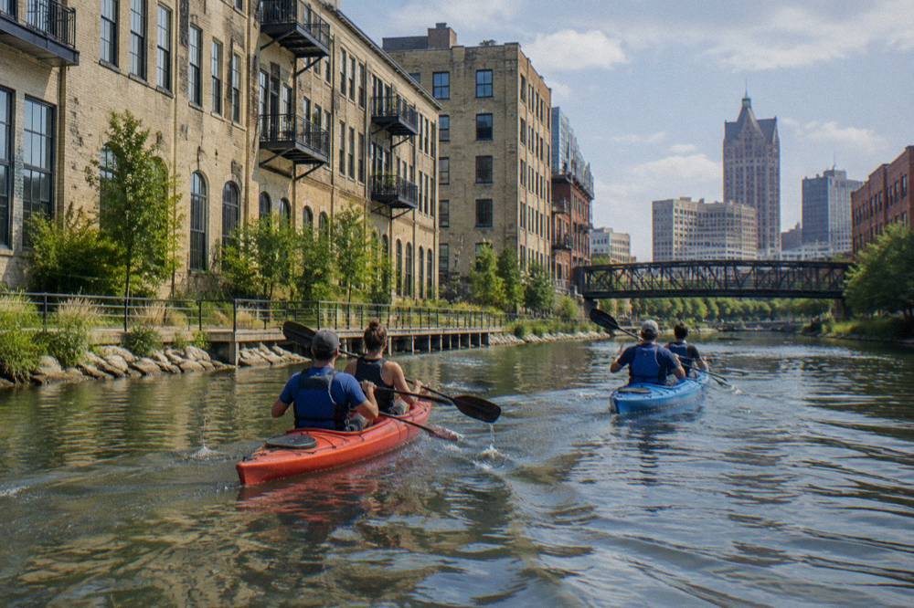Kayaks moving along the Milwaukee River between downtown buildings