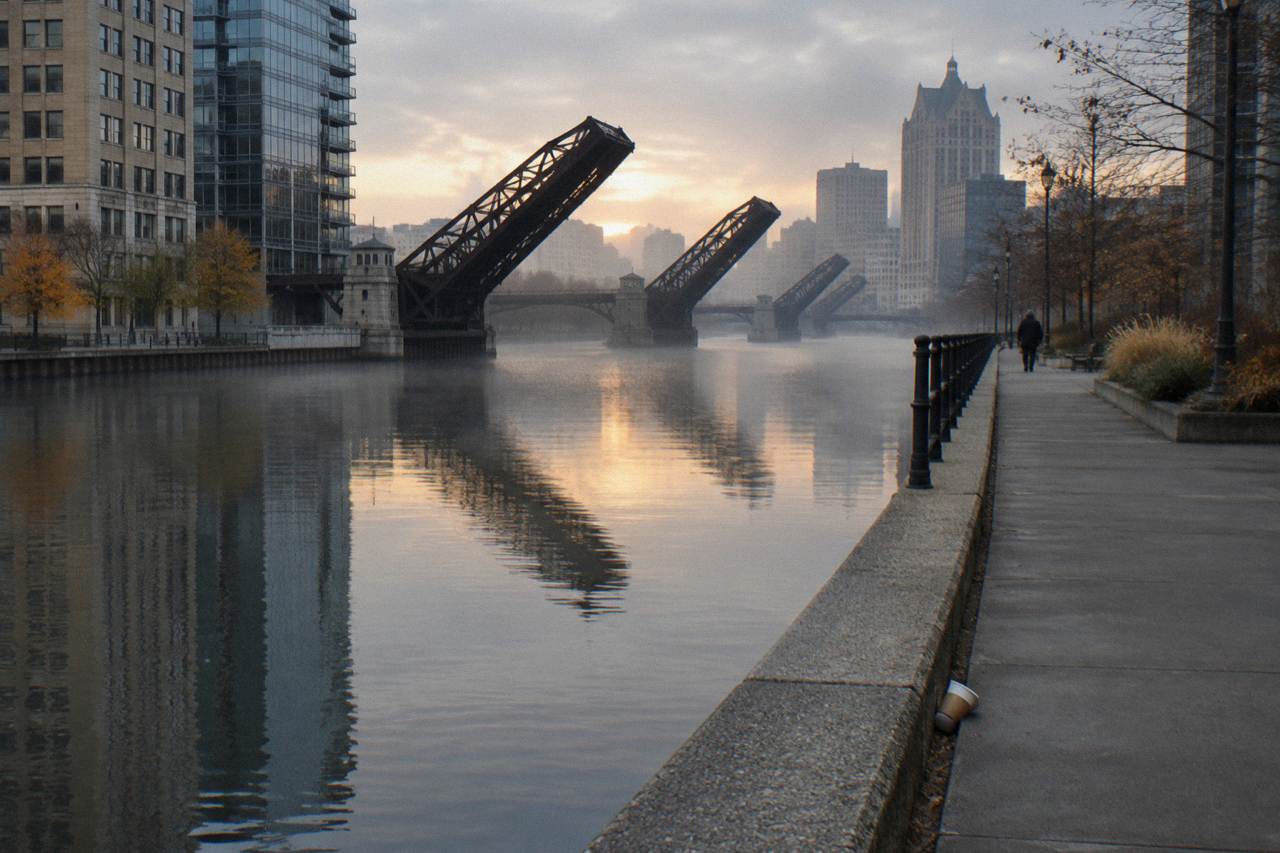 A calm stretch of the Milwaukee River downtown with bridges and buildings along the banks