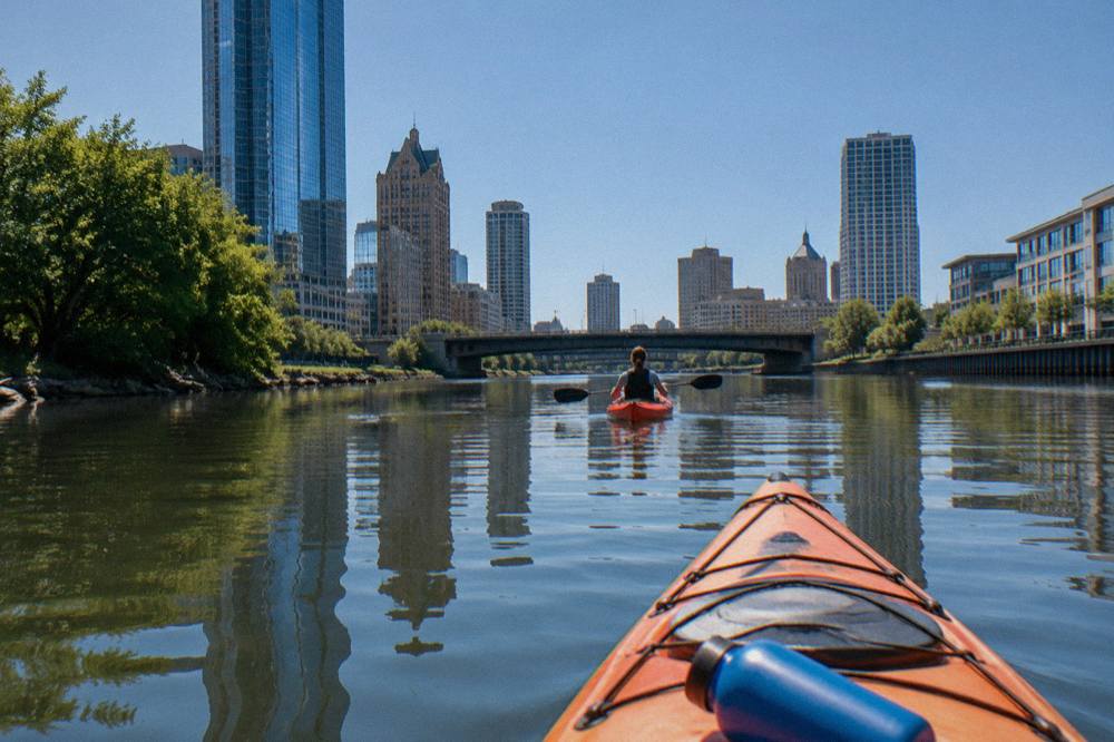 A kayak gliding along the Milwaukee River with downtown buildings reflected in the water