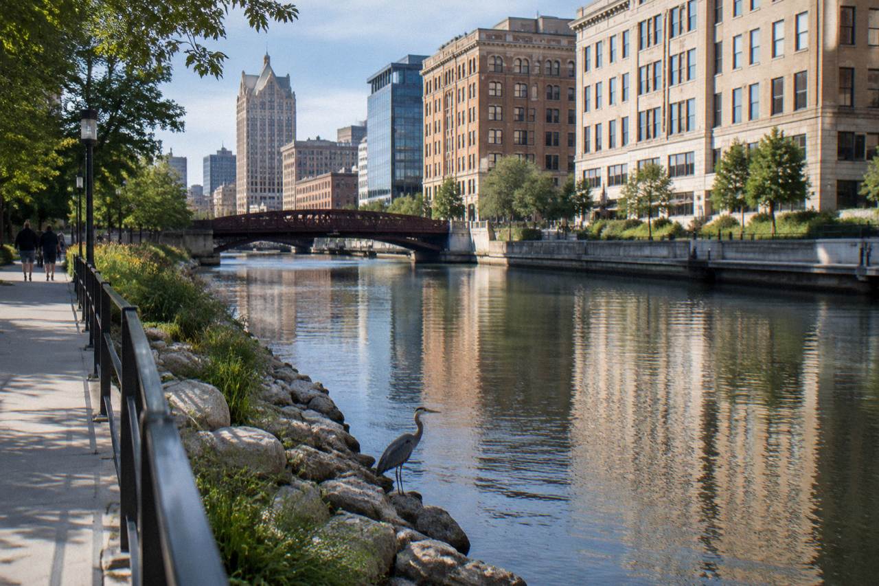A calm stretch of the Milwaukee River between downtown buildings on a bright morning