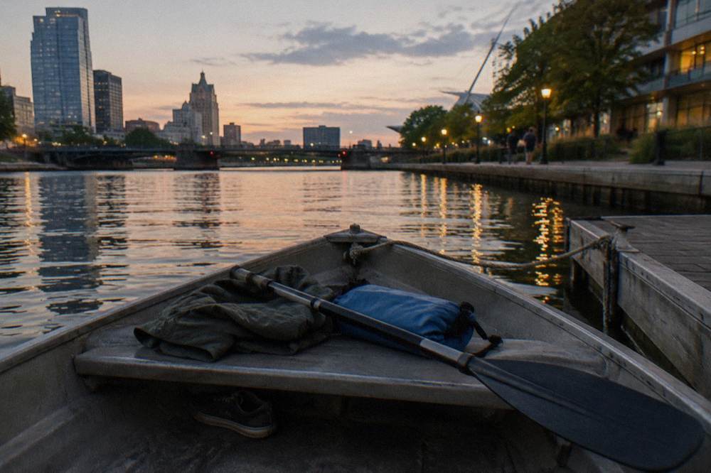 A jacket and dry bag resting in a small boat beside a paddle at dusk