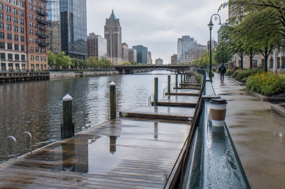 Quiet Milwaukee River in morning light with empty docks along the Riverwalk