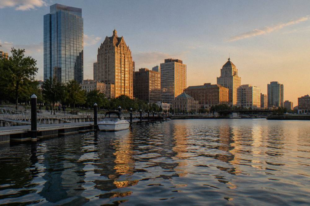 Warm evening light on the Milwaukee skyline reflected in the river from water level