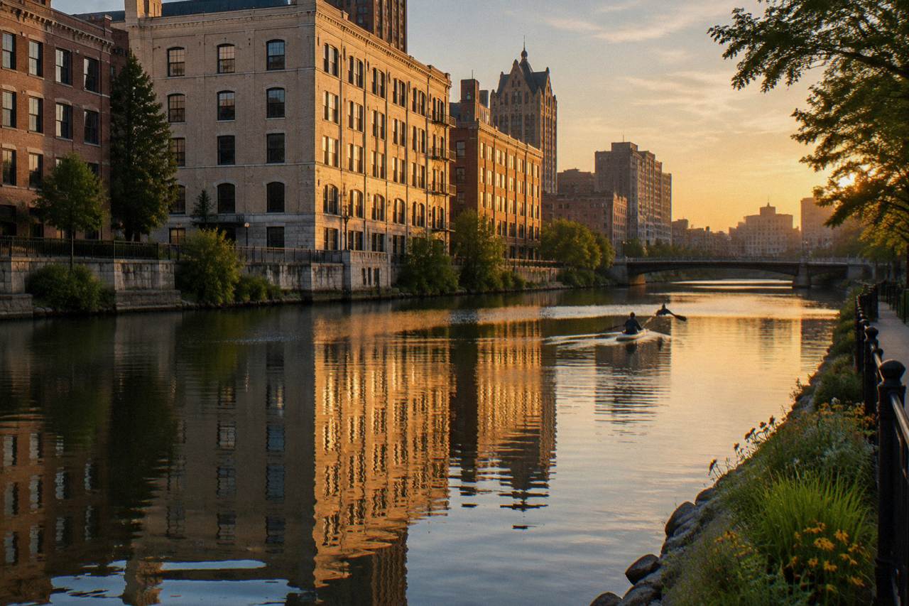 Calm Milwaukee River at golden hour with downtown buildings reflected in the water
