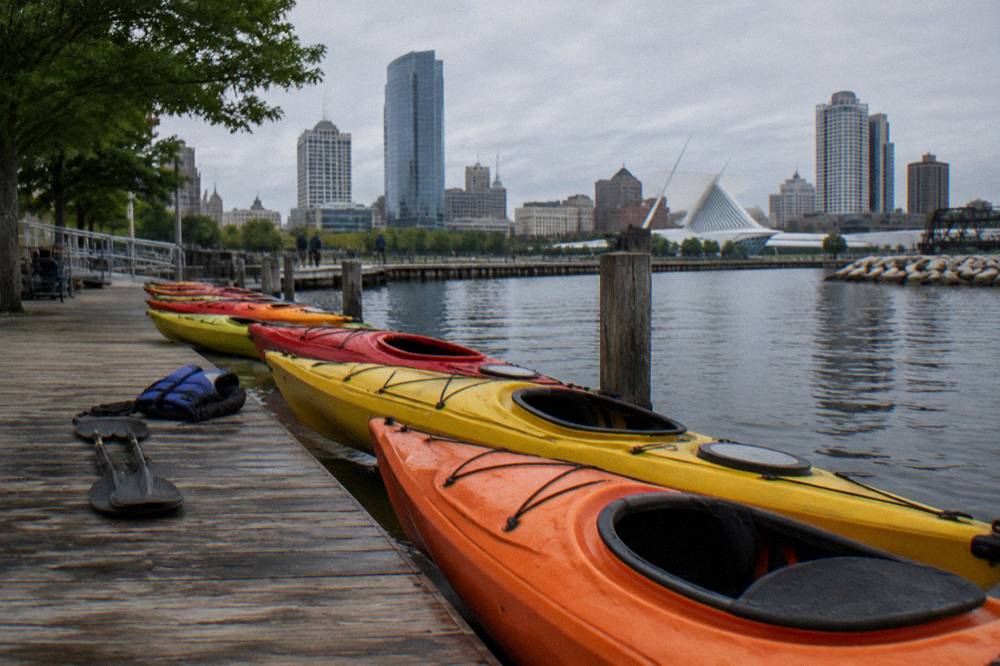 Single and tandem kayaks lined up on a dock on the Milwaukee River in morning light