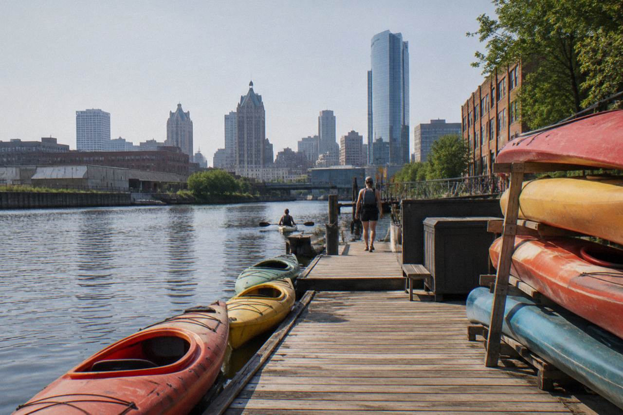 Kayaks resting on a wooden dock beside the Milwaukee River with downtown buildings behind them