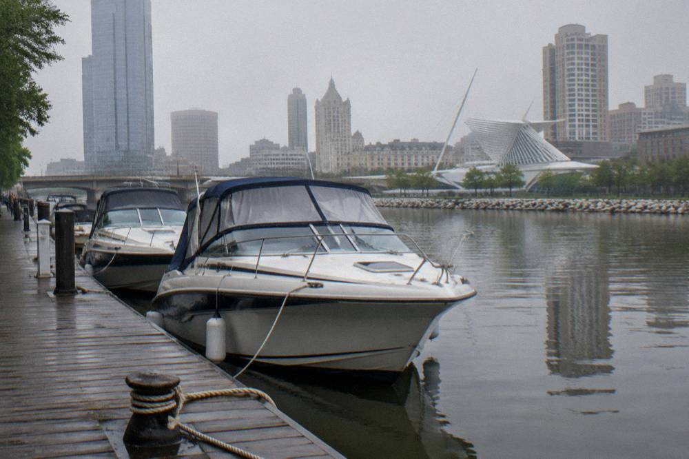 Boats docked along the Milwaukee Riverwalk in downtown Milwaukee