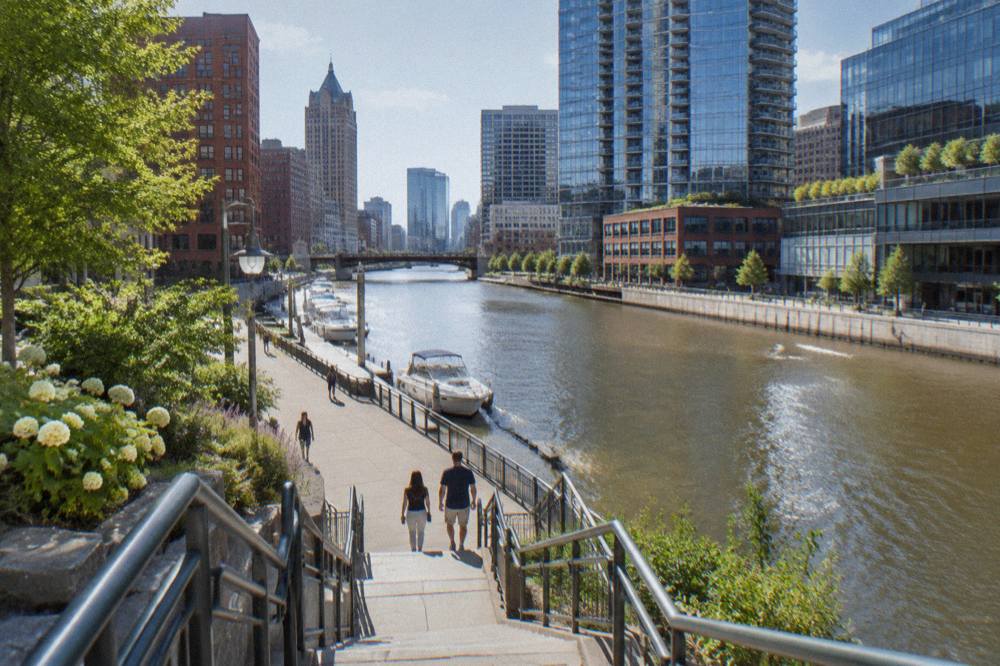 Downtown Milwaukee riverfront with docks and buildings along the Milwaukee River