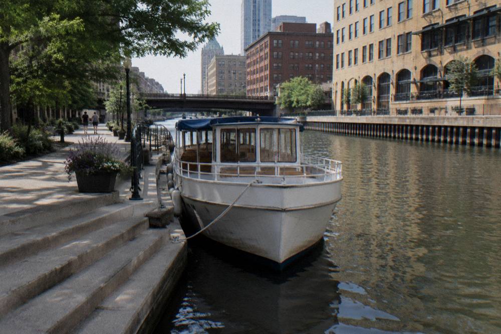 Boats moored along the Milwaukee Riverwalk near downtown Milwaukee