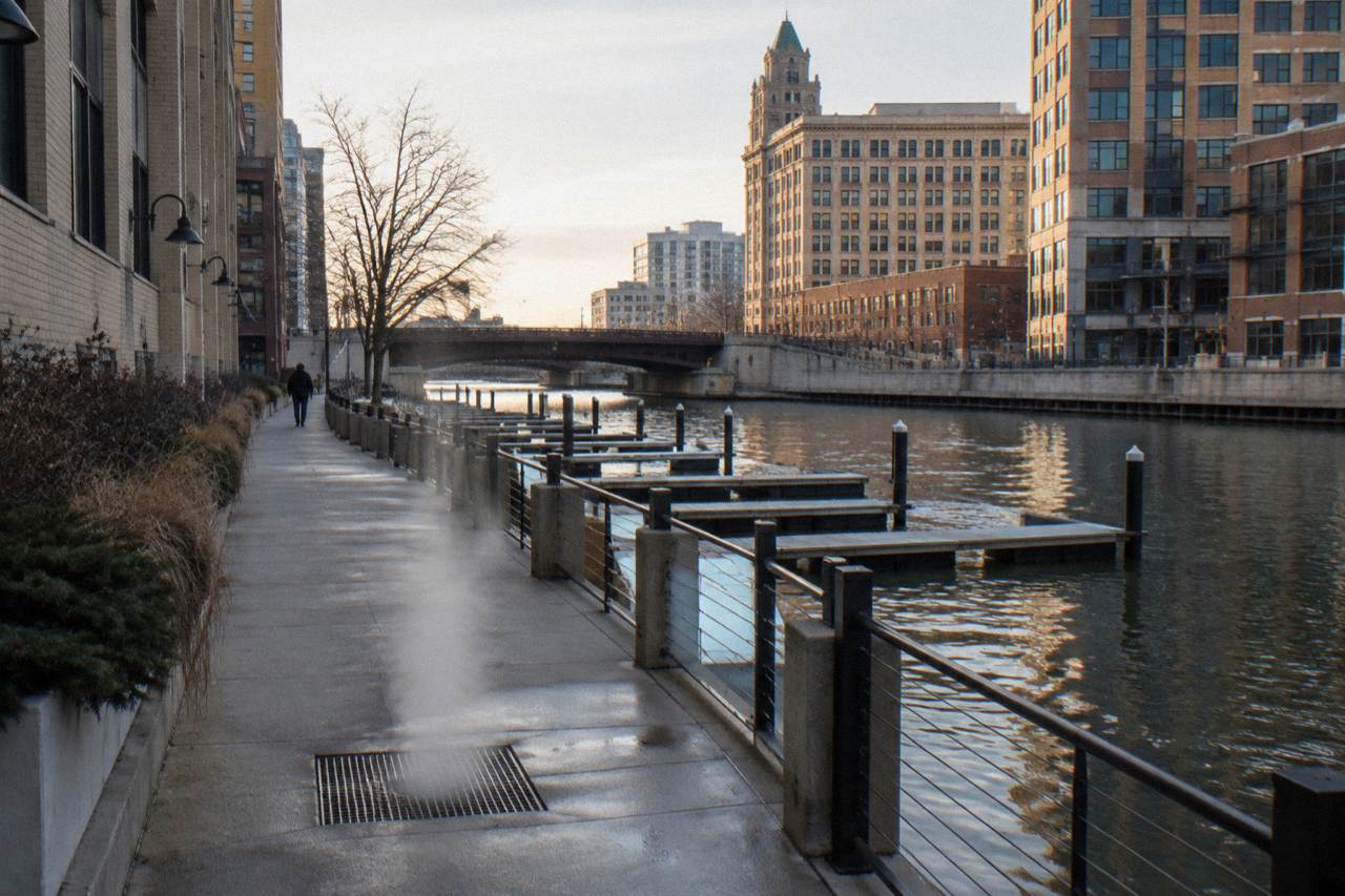 Downtown Milwaukee riverfront docks along the Milwaukee River on a calm morning
