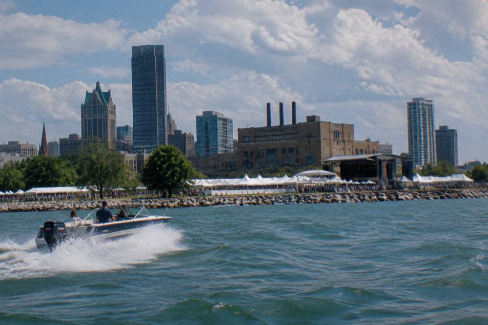 Festival grounds along the Milwaukee lakefront seen from open water