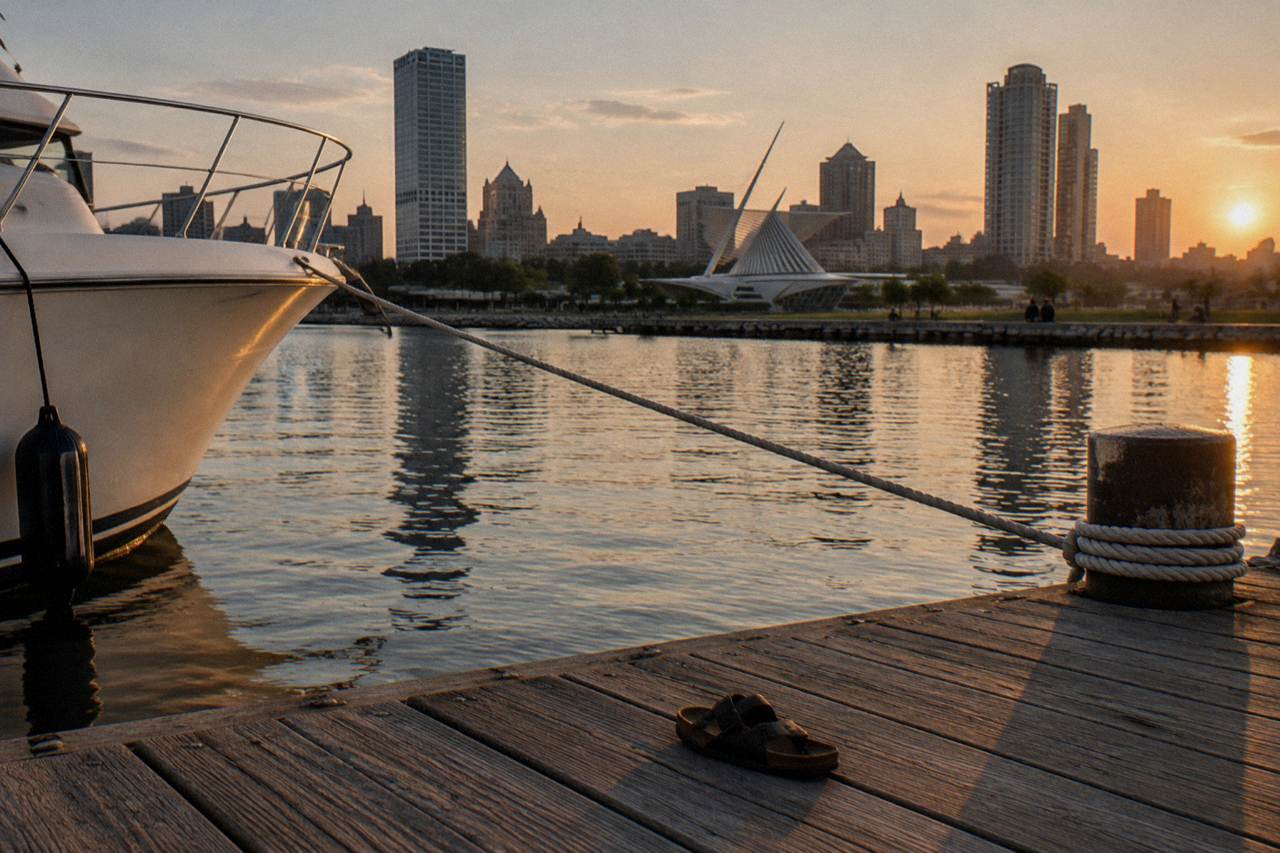 Downtown Milwaukee skyline reflected in the Milwaukee River on a calm summer evening