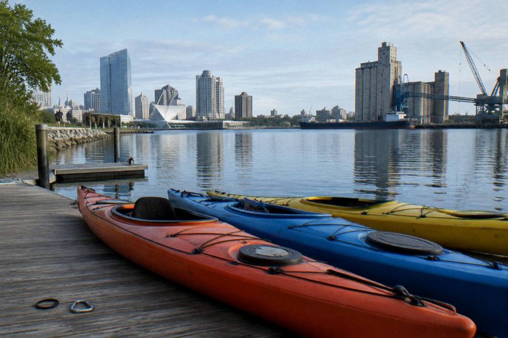 A calm lakefront harbor dock with kayaks resting beside the water and the city beyond