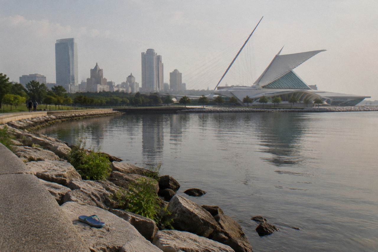 A calm stretch of the Milwaukee River with downtown buildings and bridges above the water