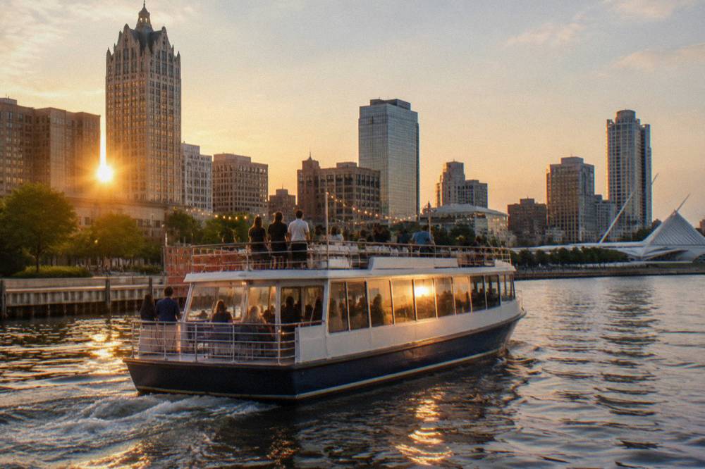 Cruise boat passing downtown buildings on the Milwaukee River
