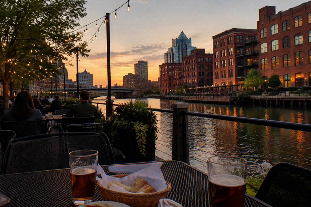 Evening light on the Milwaukee Riverwalk with restaurant patios