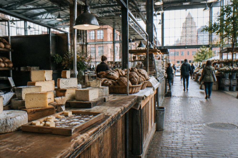 Interior of an indoor public market with vendor stalls and seating
