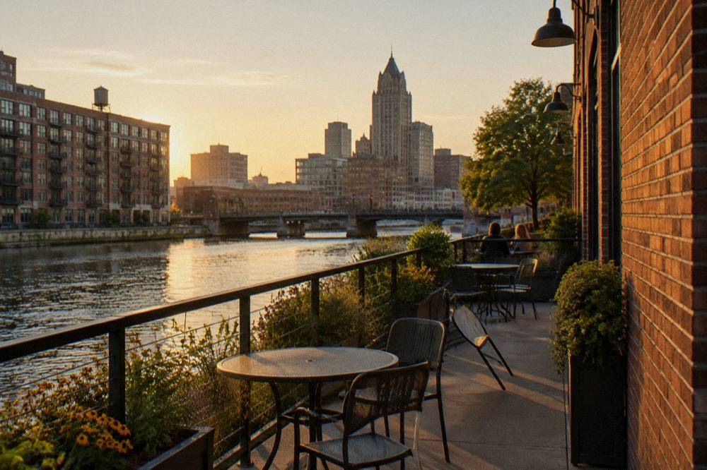 Outdoor restaurant patio tables beside a brick building facing a river