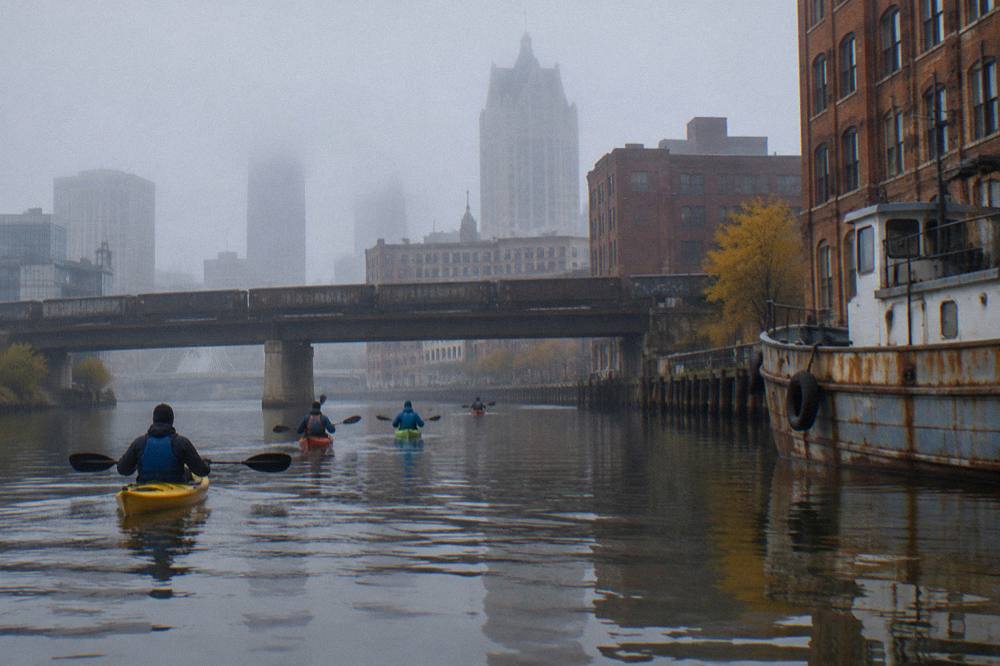 Kayaks on a calm urban river passing brick warehouses under a bridge