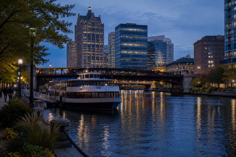 Double-decker charter boat tied at a downtown Milwaukee River dock with bridges and office towers behind it