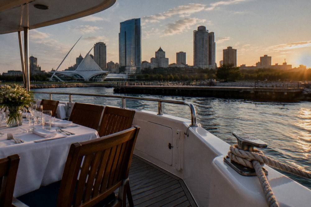 Elegant charter boat deck set with a seated dinner table before guests board on the Milwaukee River