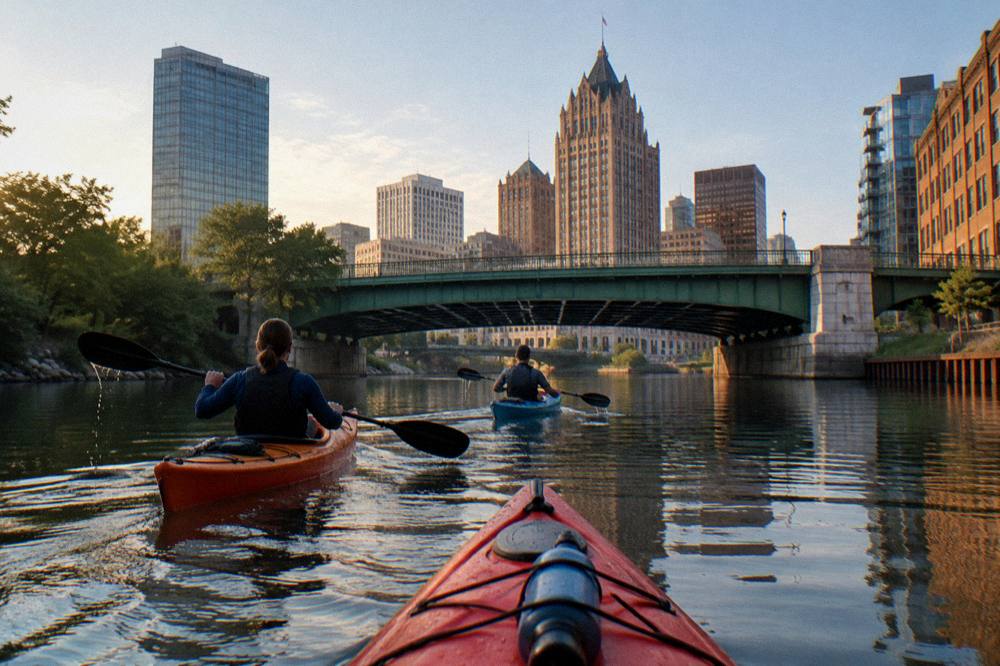 Tandem kayaks paddling under a Milwaukee River bridge with the downtown skyline above