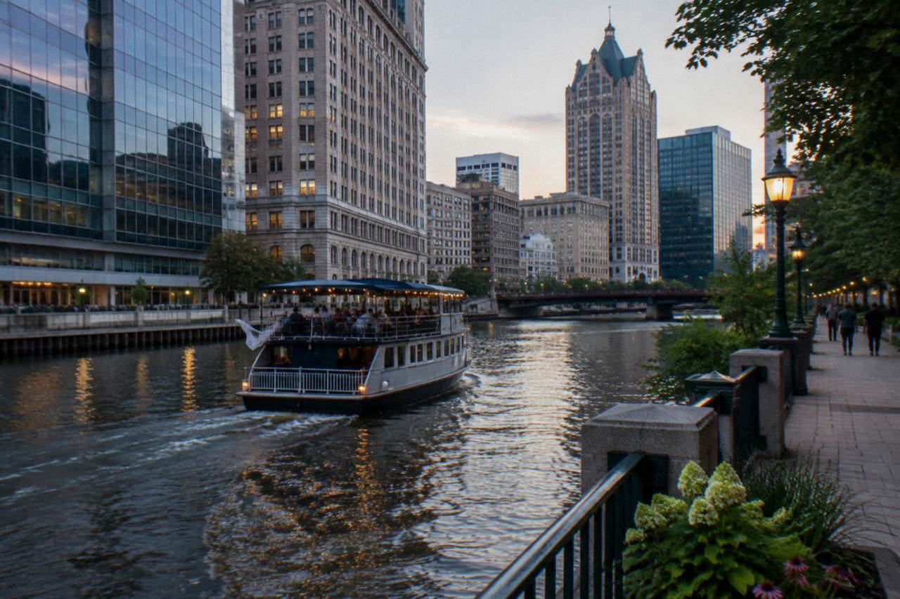 Private charter boat cruising the Milwaukee River past downtown buildings on a calm evening