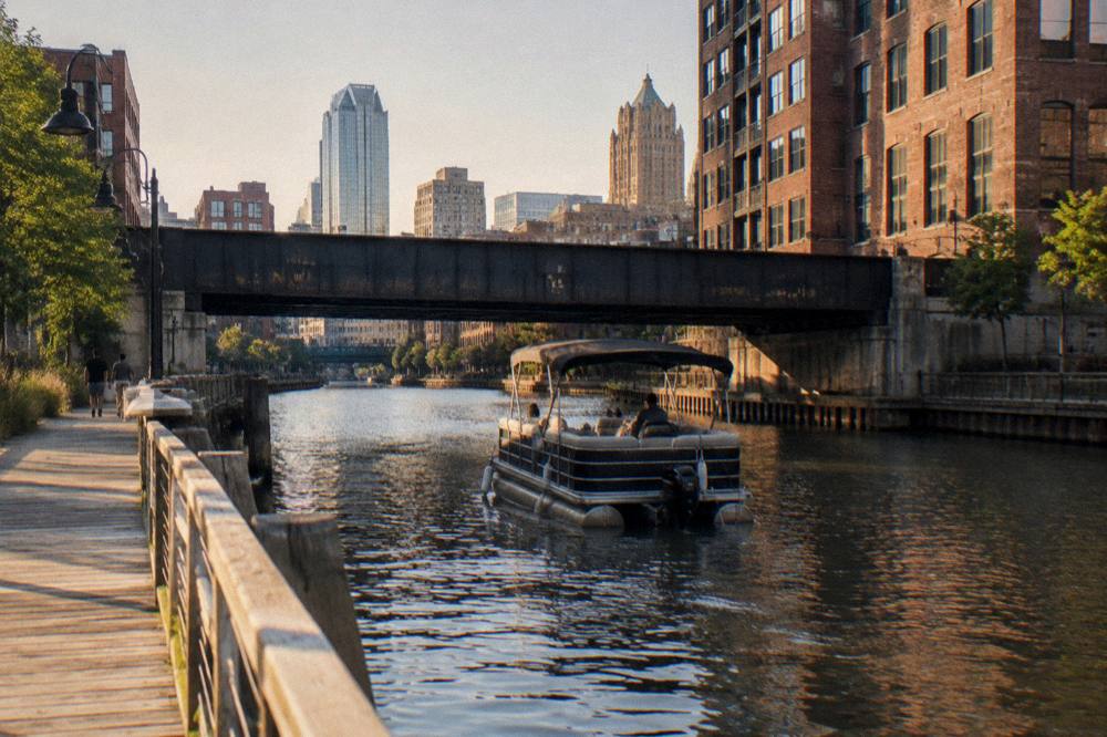 Small boat passing under a downtown Milwaukee bascule bridge with the Riverwalk visible on the bank
