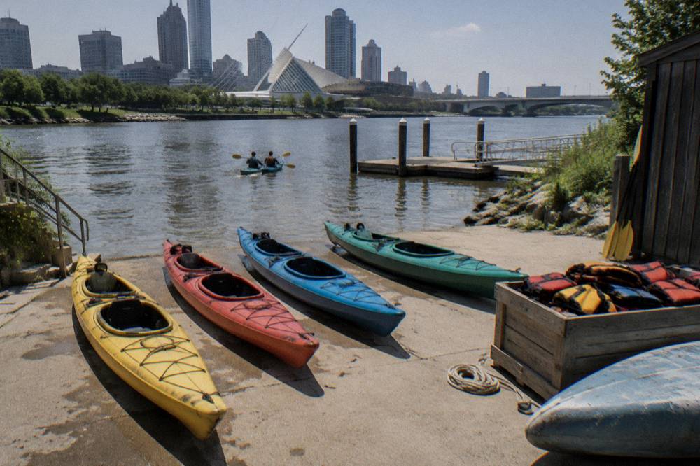 Kayaks on a dock in the Harbor District ready to launch on the Milwaukee River