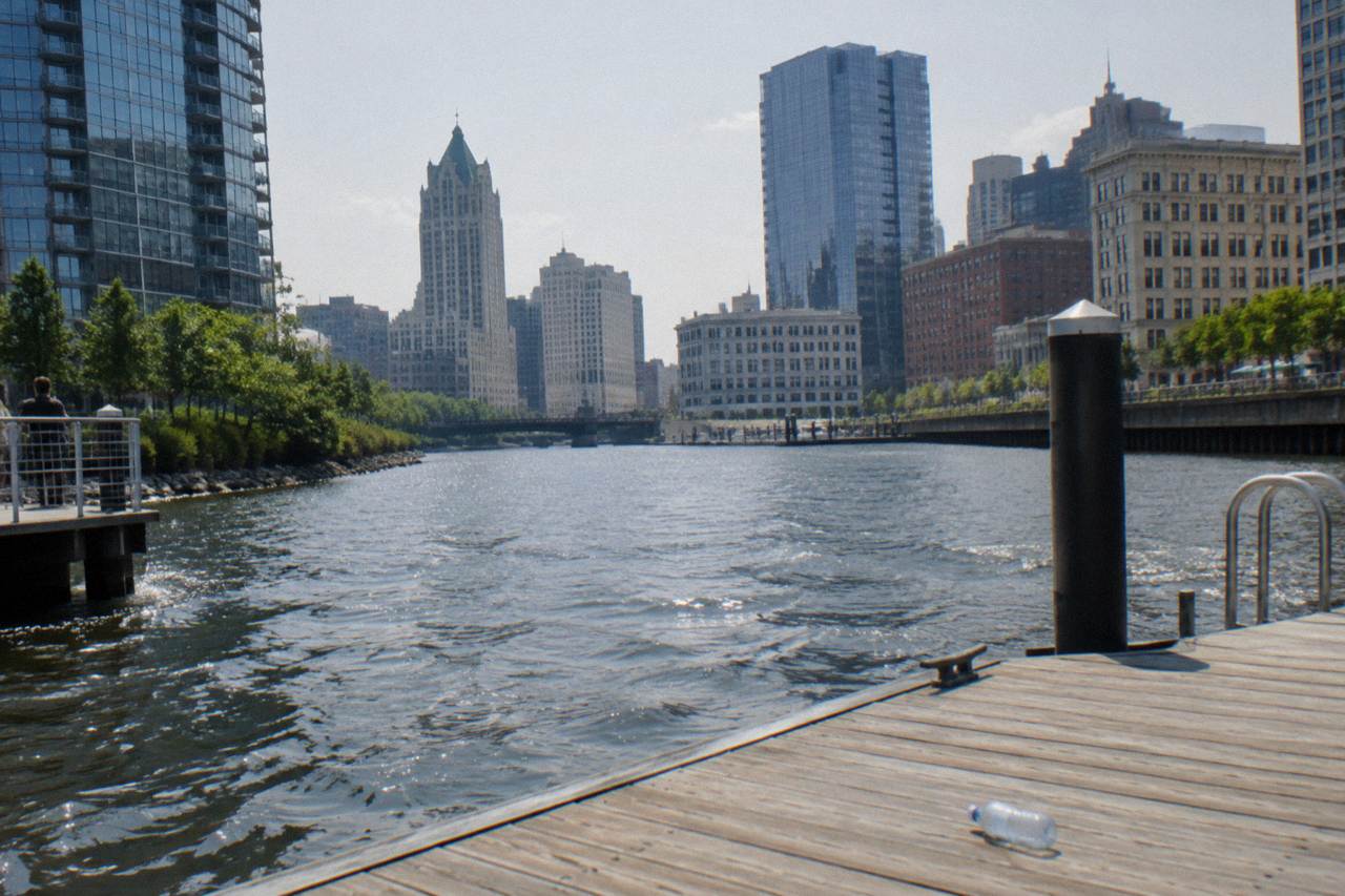 Milwaukee River and downtown skyline seen from the water at midday