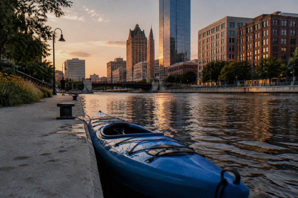Single kayak beached beside the Milwaukee Riverwalk with downtown towers behind