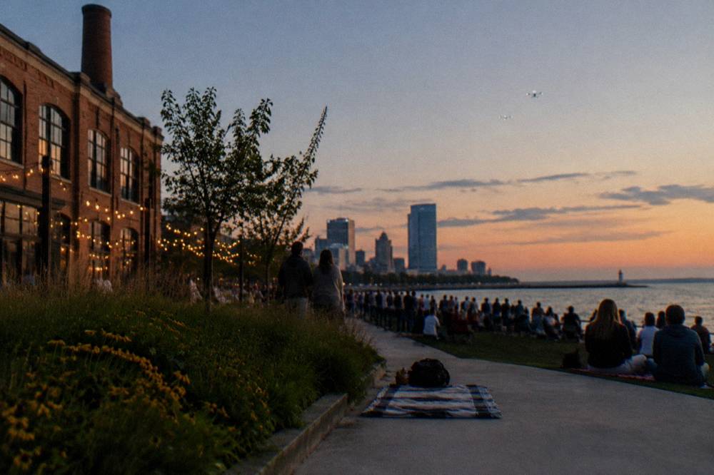 Festival park shoreline along Lake Michigan at dusk with crowds gathering