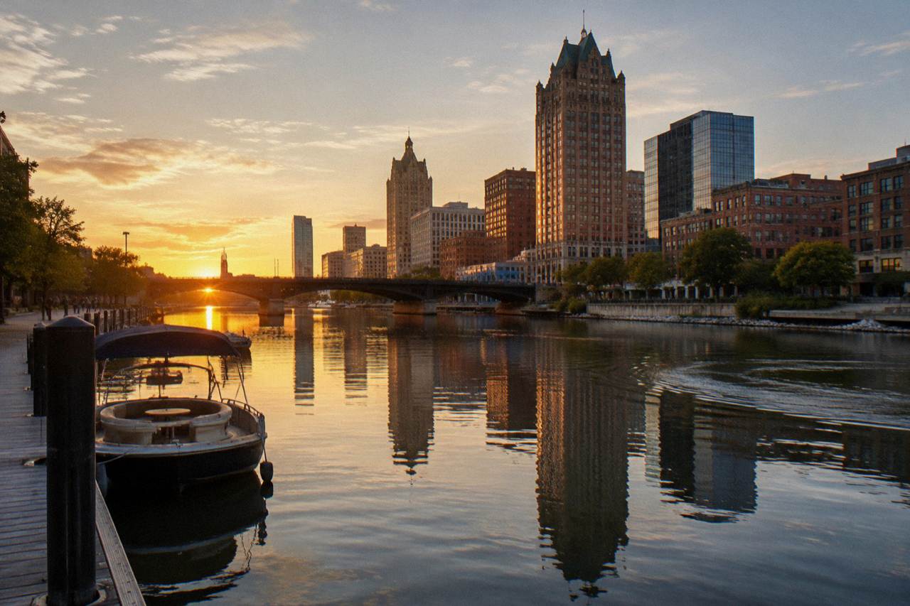 Downtown Milwaukee skyline reflected in the calm Milwaukee River at golden hour