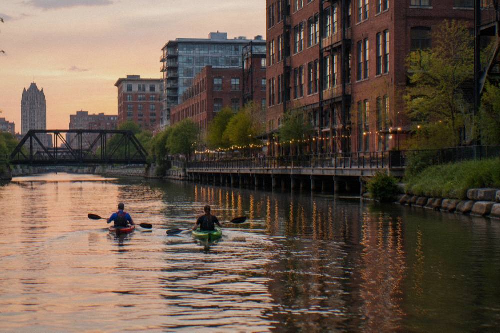 Two kayakers paddling side by side on the Milwaukee River with the downtown skyline behind them